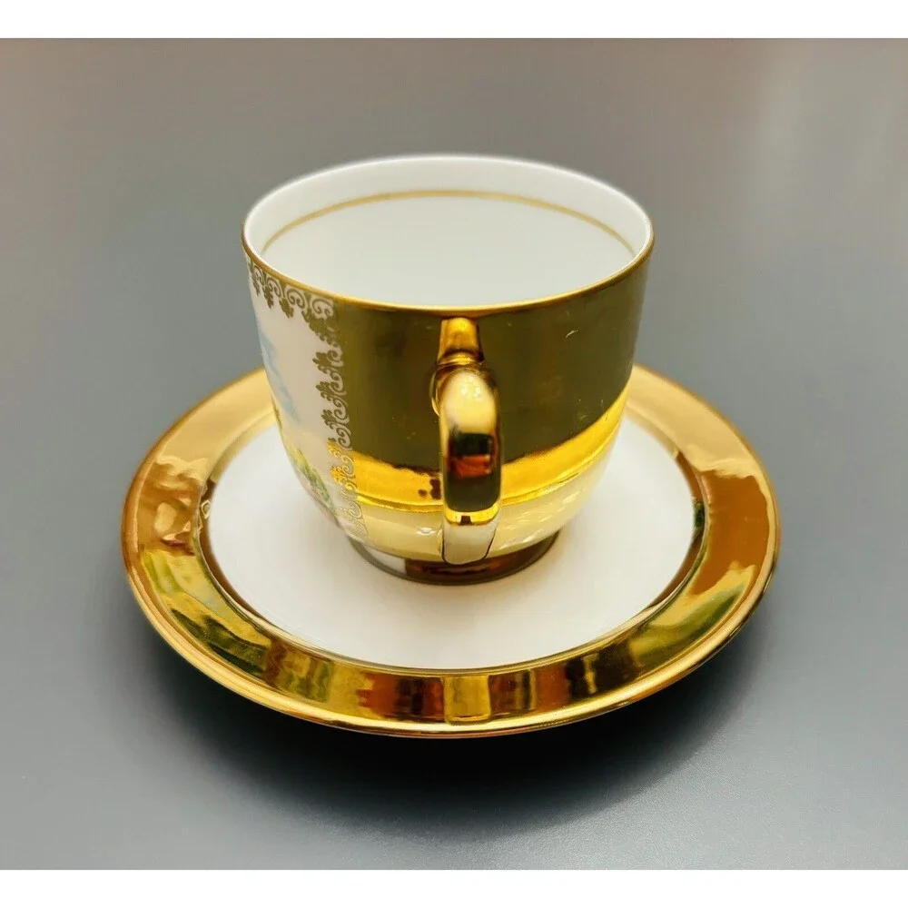 Vintage Arzberg Tea Cup Bavaria Germany Small Size Topographical Gold + Saucer